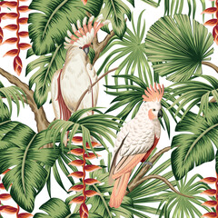 Tropical vintage palm leaves, pink cockatoo parrot, exotic flower seamless pattern white background. Exotic jungle floral wallpaper.