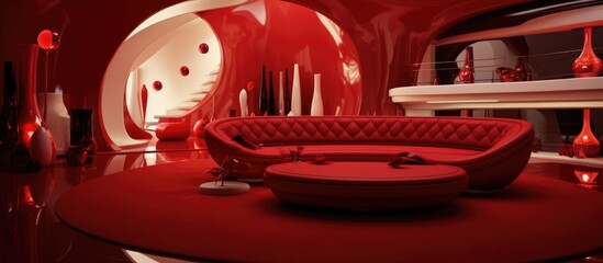 A room decorated entirely in red tones with a round table and a matching red couch. The room exudes a bold and cohesive aesthetic with its color scheme and choice of furniture.