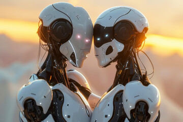Close-up of two white humanoid robots facing each other, their eyes illuminated, set against a warm sunset sky. The image depicts a moment of connection or interaction - obrazy, fototapety, plakaty