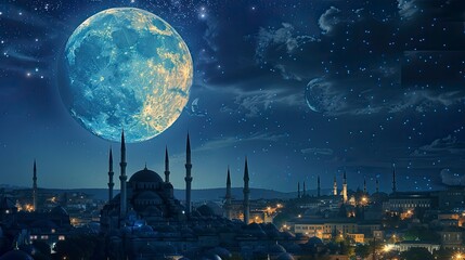 Behold the majesty of Ramadan's celestial spectacle as the moon rises over the horizon, casting its silvery glow upon the earth and illuminating the path of the faithful on their journey of spiritual 