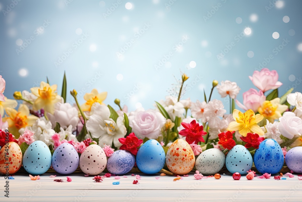 Poster a festive easter banner with a row of colorful eggs and spring flowers using a panoramic aspect rati
