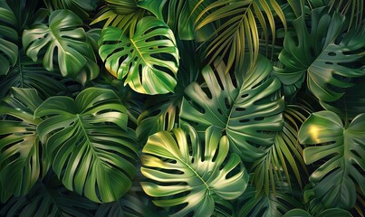 A close up of a bunch of green tropical exotic leaves - obrazy, fototapety, plakaty