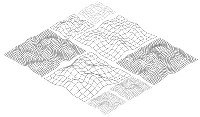 Wireframe 3D mesh in isometric form. Retro futuristic wavy perspective grid with lines. © Ramcreative