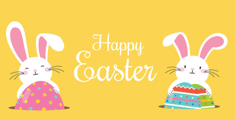 White bunny with colorful Easter eggs on yellow background.