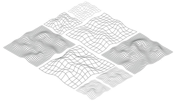 Wireframe 3D mesh in isometric form. Retro futuristic wavy perspective grid with lines.