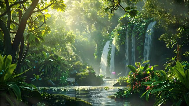 Picturesque Waterfall Flowing Through a Forest with Weathered Rocks. Seamless Looping 4k Video Animation