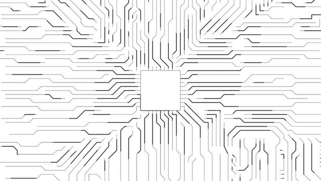 A grey electronic circuit board featuring a rectangular pattern in the center, parallel lines running through it. The design resembles a woodcut art drawing of a tree within a circle