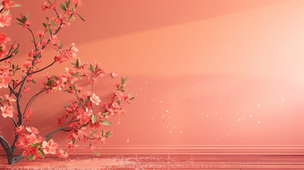 Naklejka na ściany i meble Peach orange sakura flowers in front of orange wall. Minimalistic design. Valentines day, spring, love celebration, mother's day banner