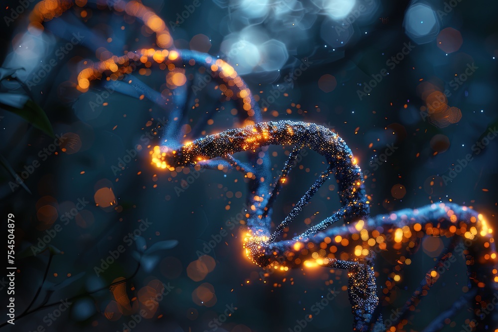 Poster artificial intelligence ai in healthcare. dna double helix intertwined with digital ai elements, hig