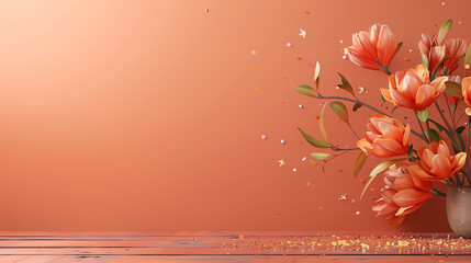 Peach orange magnolia  flowers  in front of orange wall. Minimalistic design. Valentines day,...