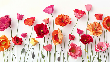 Fototapeta premium A bunch of pretty, colorful, wild poppies, layered paper-style white background 