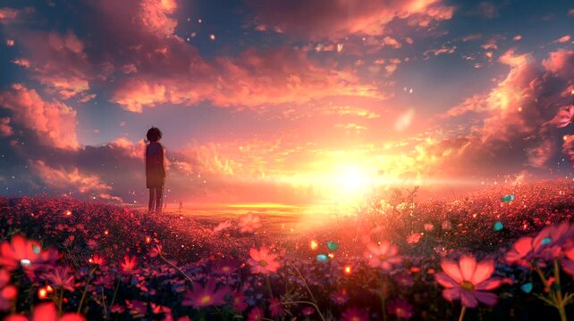 sunset in the field with anime girl. Seamless looping time-lapse 4k video animation background