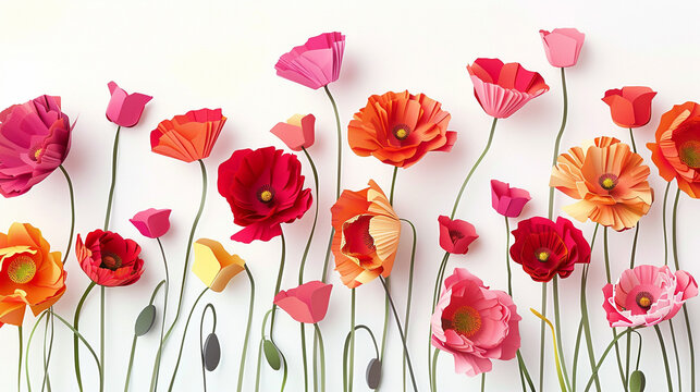 A bunch of pretty, colorful, wild poppies, layered paper-style white background 