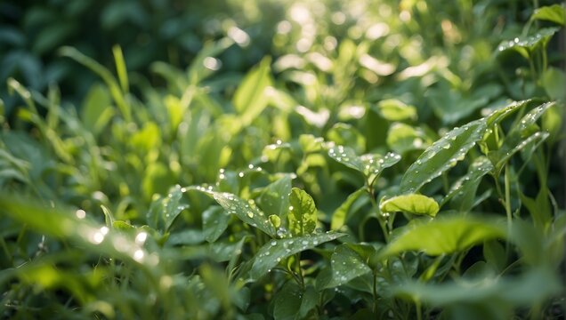 A photo of a verdant summer garden with a variety of green plants, the camera angle capturing the sunlight filtering through the leaves, highlighting dew drops on each blade of grass, generative ai