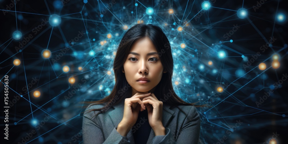 Poster tech analyst study cyber data chart from corporate system for statistical analytic defining marketin