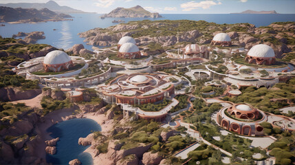 Futuristic Mediterranean island resort with white stone buildings and lush gardens