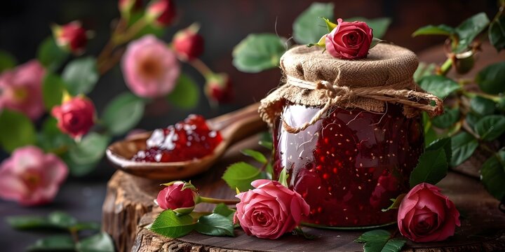 Cozy Image of Homemade Rose Jam Jar with Fresh Roses. Concept Homemade Recipes, Rose Jam, Fresh Flowers, Cozy Lifestyle, Food Photography