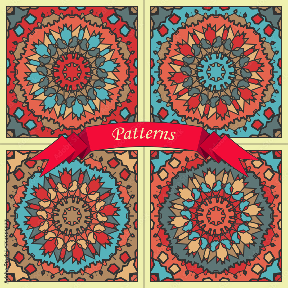 Poster four color versions of square panels with multi-colored concentric patterns. vector set no. 3