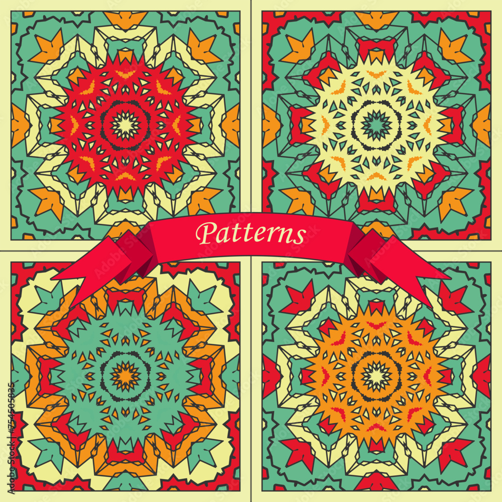 Poster four color versions of square panels with multi-colored concentric patterns. vector set no. 2
