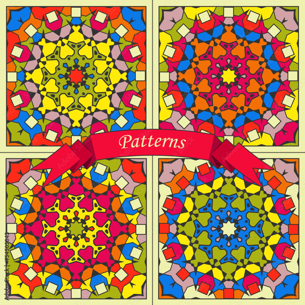 Poster four color versions of square panels with multi-colored concentric patterns. vector set