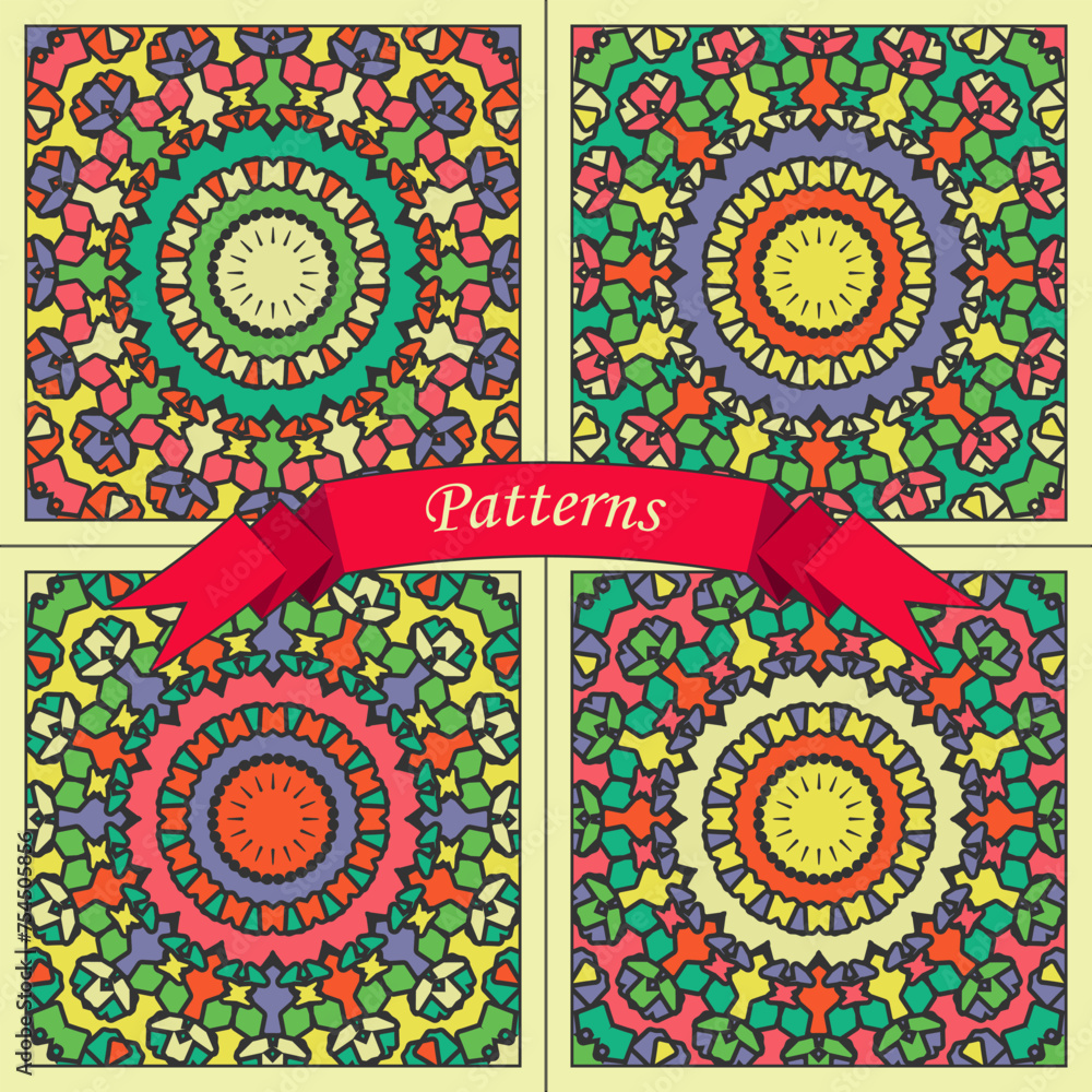 Poster four color versions of square panels with multi-colored concentric patterns. vector set no. 4