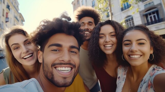 Young Multicultural Friends Smiling Together - Happy Group Taking Selfie Outdoors with Smartphone - Lifestyle Concept. Guys and Girls Enjoying Sunny Day Together.