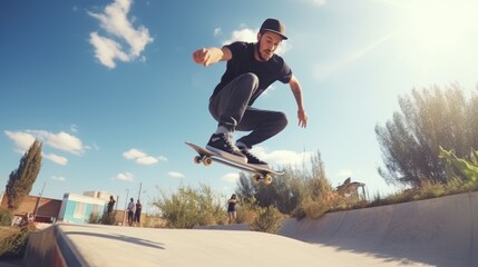 A man is skateboarding in the air, and there are several people watching him. The atmosphere is lively and energetic, with the skateboarder performing a trick that impresses the onlookers