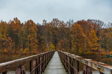 Fototapeta na wymiar Beautiful view to long steel and wood bridge over big and silent lake with autumn golden trees and bushes around at cloudy and rainy morning