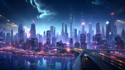 A futuristic cityscape featuring neon lights Generative AI