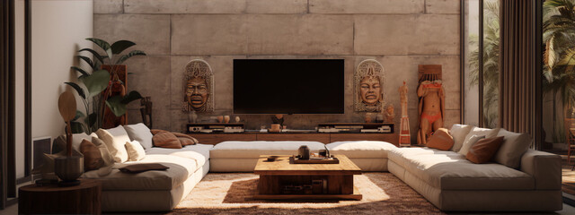 Modern living room interior with African sculptures and minimalist furniture, 3d render - obrazy, fototapety, plakaty