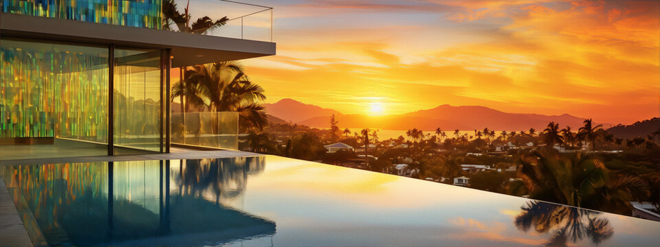 Luxury modern house with swimming pool and sunset view