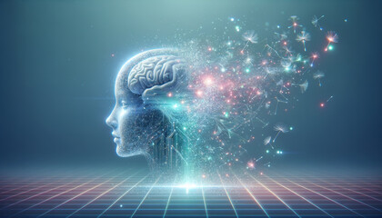 Serene brain-machine interface gracefully transforming into digital particles. - obrazy, fototapety, plakaty