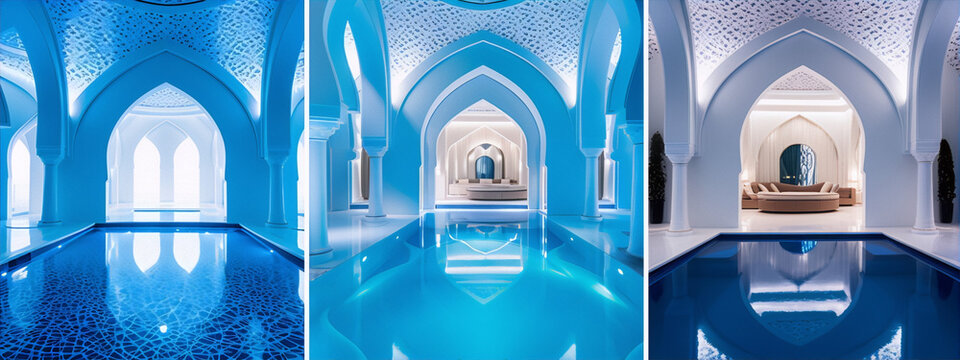 3 images of luxury hotel spas with pools in archways with blue and white colors and intricate tile patterns.