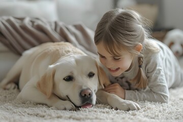 portrait of a little girl with a dog. Romantic photo portrait in soft pastel colors. The bed, folds on silken sheets.