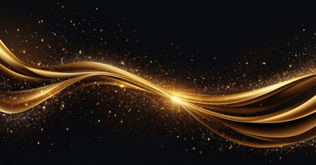 Glamorous abstract banner golden wave with glitter on dark backdrop