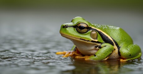 Obraz premium Lively leap year Green frog on yellow with ample copy space