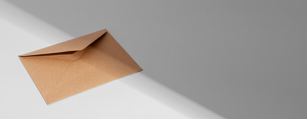 Kraft brown envelope, paper letter. Banner background, copy space