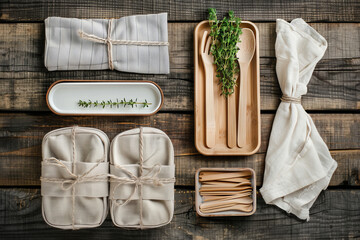 Wooden Table Set With Dishes and Napkins