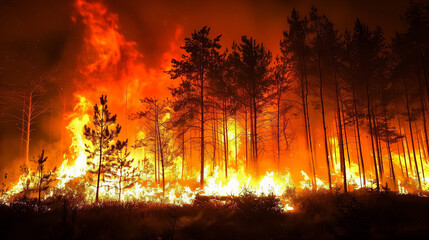 A Raging Wildfire Burning Down a Forest at Night. - obrazy, fototapety, plakaty