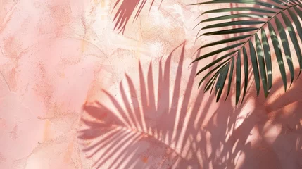 Foto op Canvas Palm tree shadow on a pink textured wall background, holiday concept wit palm tree leaves and a mediterranean pink textured wall, a tropical template with palm tree leaves and shadows and copy space © M
