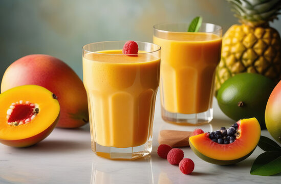 Smoothie with mango and papaya, set on sleek marble table, hard lighting. essence of tropical vacation, taste of paradise. Ideal for travel brochures, cocktail menus, social media posts