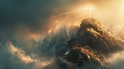 A cross stands atop a mountain peak bathed in the warm glow of sunrise or sunset - obrazy, fototapety, plakaty