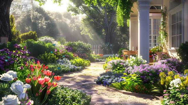 Charming Path Leading to a House with Lush Flower Beds. Seamless Looping 4k Video Animation