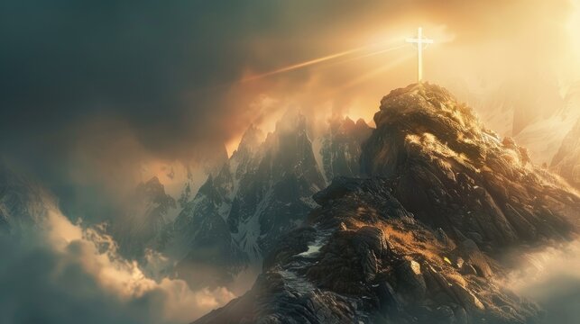 A cross stands atop a mountain peak bathed in the warm glow of sunrise or sunset