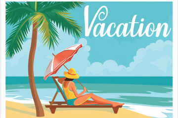 Vacation lettering with woman relaxing under umbrella on beach scene