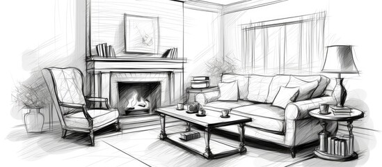 A meticulously crafted black and white illustration of a cozy living room featuring a prominent fireplace, surrounded by furniture and decor typical of a home interior.