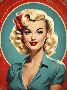 Blond Pin up girl vintage. Beautiful woman pinup style portrait in retro dress and makeup and red lipstick.