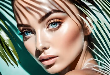 a gorgeous woman with beautiful eyes under a giant palm leaf  with  splashing water in a hot climate vacation spot. For use in a skincare or makeup advertisement.