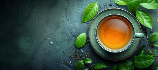 Top view of Cup with green tea with tea leaves on the dark background - obrazy, fototapety, plakaty