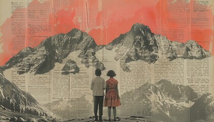 Collage with couple stands before a mountainous landscape overlaid with newspaper